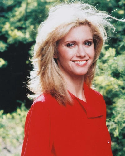 OLIVIA NEWTON-JOHN smiling 1970's portrait in red shirt 8x10 inch photo