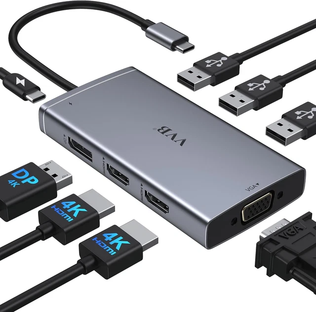 Station D'accueil USB-C 12-en-1 Double écran - 2x HDMI 4K, VGA, Gigabit Ethernet, 100W PD, SD/TF, Pour MacBook/Dell/HP