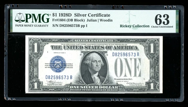 DBR Tough 1928-D $1 Silver Fr. 1604 DB Block PMG 63 Serial D82596573B