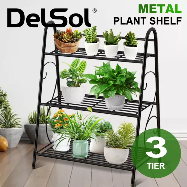 DelSol Metal Plant Stand 3 Tier Flower Plant Shelf Display Rack Indoor Outdoor