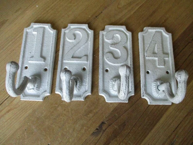 Antique Cast Iron Wall Hooks Numbered Entryway Coat Towel Hat Hanging Lot of 4