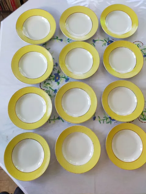 12 Assiettes Creuses Du Service Moulin Des Loups Bord Jaune Lisère Or Vintage