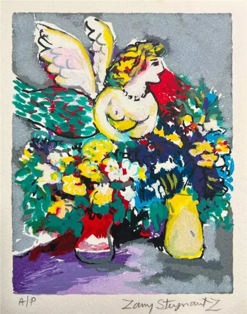 Zamy Steynovitz Angel mit Blumen Handsigniert Limitierte Serigrafie Auf Papier