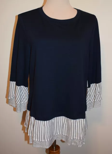 New Womens Apt 9 Top Large Blue Striped Layered Ruffle Hem 3/4 Sleeve Shirt