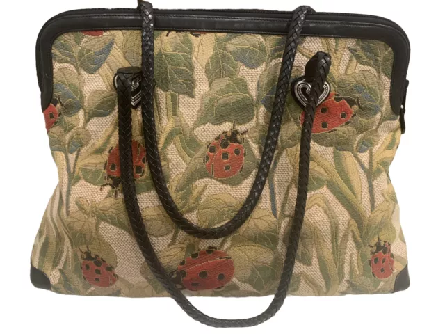 BRIGHTON Alyssa Tapestry Ladybug Weekender Bag Braided Leather Handle Zip Purse