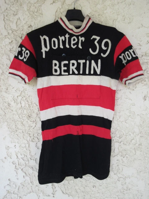 Maillot Cycliste Vintage 1962 – PORTER 39 BERTIN MILREMO – Laine, Taille S, Noir/blanc/rouge