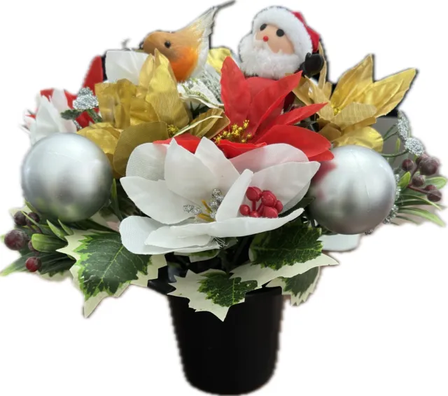 Christmas Grave Memorial Pot With Artificial Flowers with Christmas Robin