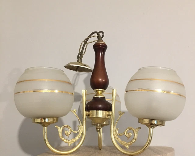 Vintage 3 Arm Chandelier Wood And Brass Effect With Round Glass Shades.