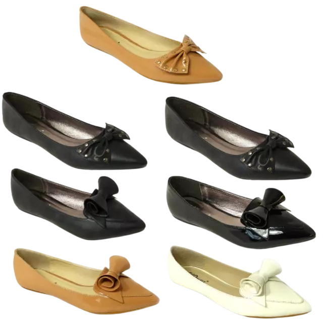 New Womens Flat Pumps Ladies Patent Ballet Ballerina Dolly Bow Shoes Size 3-8