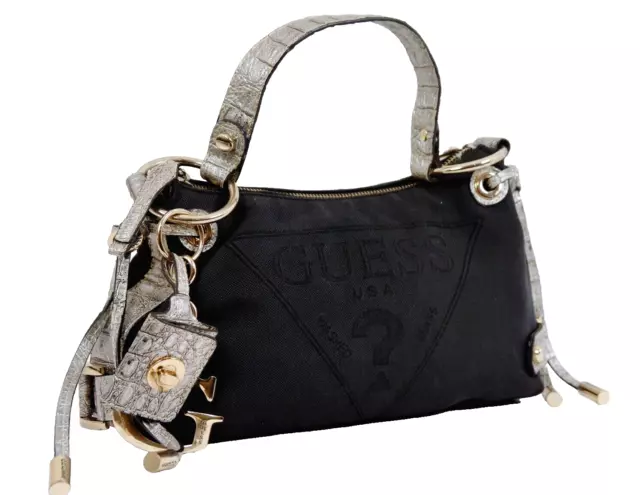 GUESS Borsa Spalla Donna Tela Canvas Stampa Logo Finiture Gold Ciondoli Media