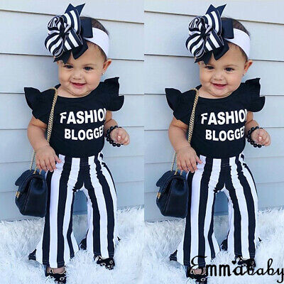 Kids Toddler Baby Girl Ruffle Sleeve Fashion Blogger T-Shirt+Flare Pants Clothes