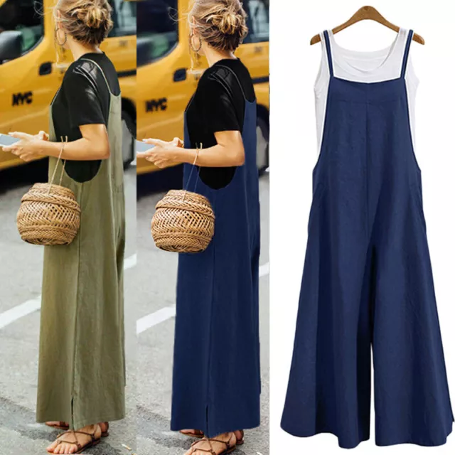 Women Plus Size Loose Cotton Linen Jumpsuit Dungarees Playsuit Trousers Overalls