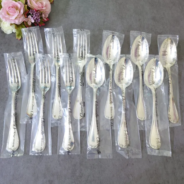 Christofle Rubans Dessert Fork Spoon 12pcs Silverplate Flatware Brand New