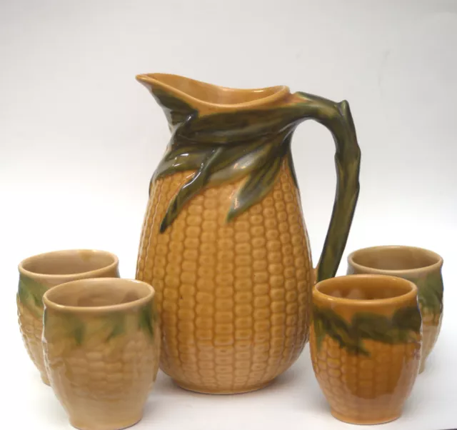 5 Piece Antique Majolica Griffin Smith Hill Etruscan Corn Pitcher With 4 Cups