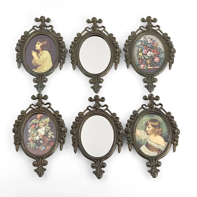 Lot of 6 VTG Brass Metal Ornate Small Oval Picture Frames & Mirro Made in Italy