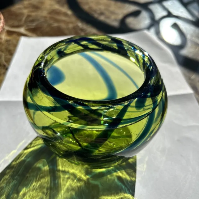 Art nouveau  Art glass vase green swirl blue bowl 4x6 beveled rim