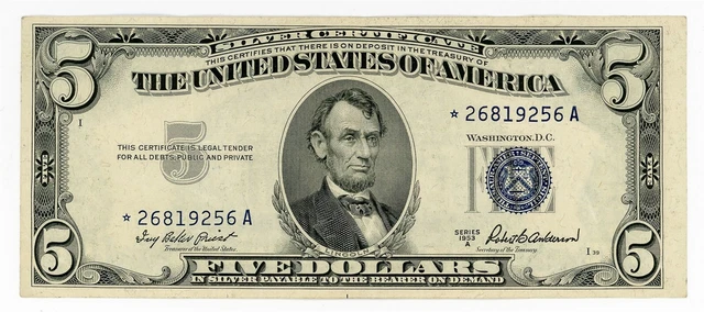 1953 A Series Five Dollar Silver Certificate *Star Note* AU Fr. 1656 $5