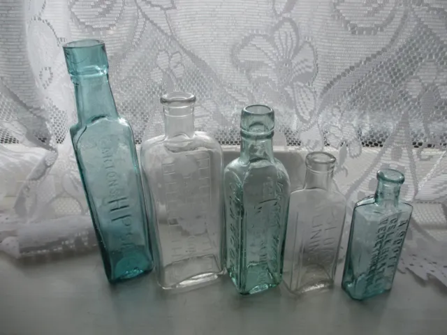 5x VINTAGE OLD ANTIQUE CHEMIST MEDICINE APOTHECARY CURE GLASS BOTTLES NOT POISON 2