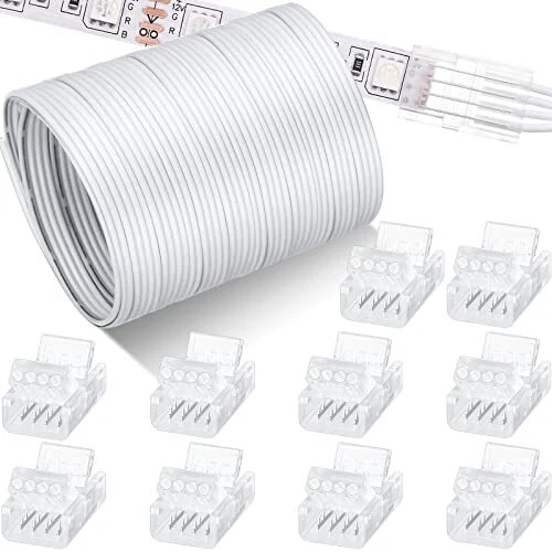 32.8ft RGB Extension Cable Wire Cord and 10 Pcs LED Light Strip Connectors Tr...