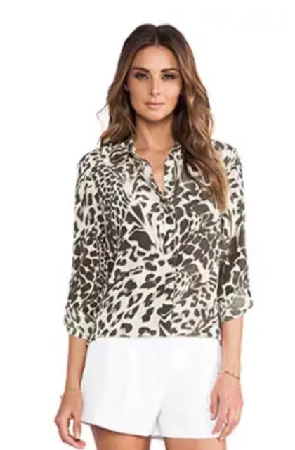 Diane Von Furstenberg DVF 100% Silk Lorelei Blouse Green Leopard Print Size 2