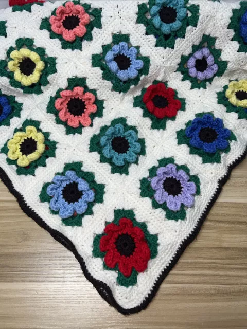 Vintage Crochet 3D Flower Afghan Granny Square Blanket Throw 43"x49"