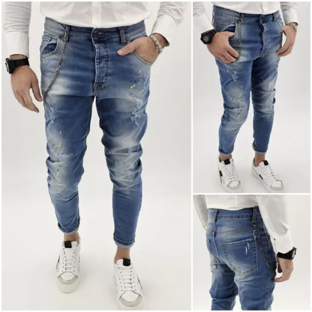 Jeans Pantaloni Catena Estraibile Uomo Elastico  Strappi pittura cavallo basso