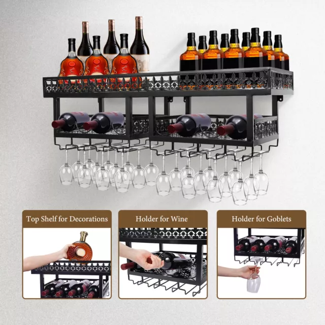 2 Tier Wall Mounted Wine Rack Metal Stemware Glass Storage Hanging Rack Cabinet