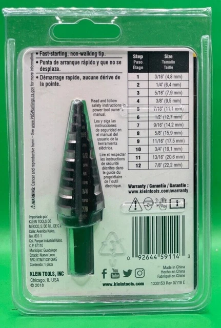 Klein Tools KTSB14 3/16" -7/8" Step Drill Bit (3/8") - SEALED 2