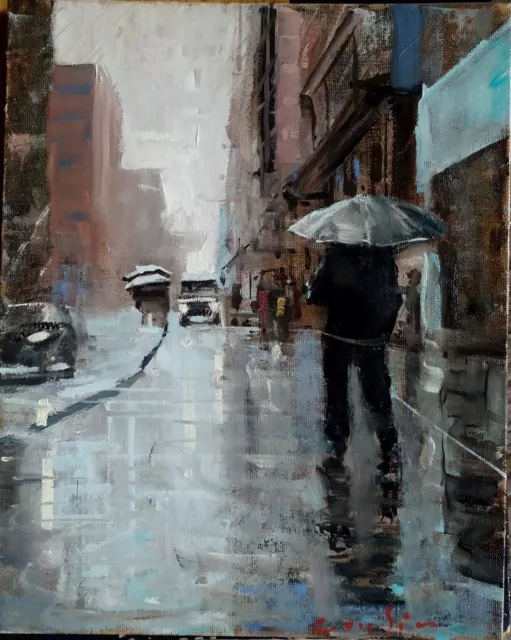 Huile sur carton toilé 30 Cm X 24 Cm signée Cousin. New-York sous la pluie