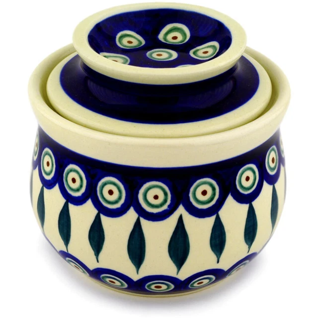 Polish Pottery French Butter Dish Peacock Leaves