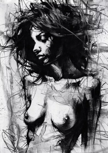 Female Nude ORIGINAL DRAWING Charcoal Urban Art pinup naked women NO RESERVE A3