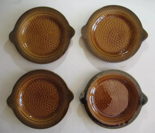 4 x VINTAGE BROWN FISH PLATES FRENCH MAJOLICA  - SARREGUEMINES