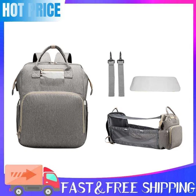 USB Folding Crib Baby Diaper Bag Mommy Nappy Backpack w/Sunshade (Grey)