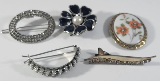Vintage Hair Clips Barrettes Rhinestones Painted Milk Glass Faux Pearls Lot