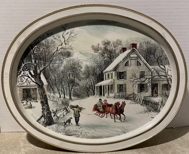 Currier And Ives The American Homestead Winter Metal Serving Tray Vintage Retro