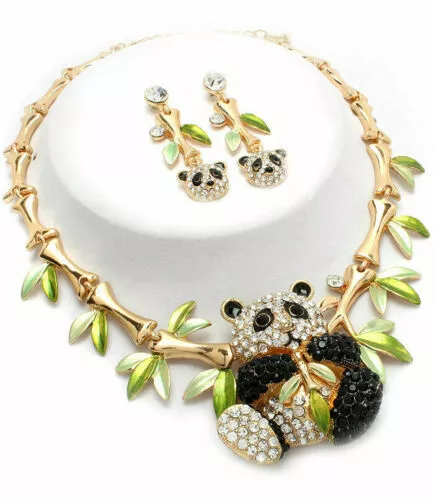 Crystal Panda Bear Choker Necklace Earrings Set Costume Jewellery for Women GOLD