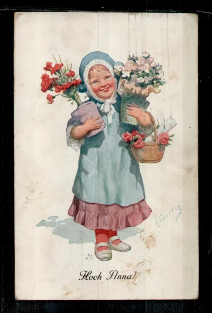 AK Namenstag Glückwunsch, Künstler Feiertag, Mädchen Blumentöpfe,   Kleinformat