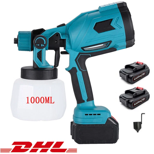 Akku Farbsprühsystem 18V | Kompatibel Mit Makita | 2x 5500mAh Akkus + Ladegerät | 1000ml Behälter | 3 Sprühmuster | HVLP-Technologie