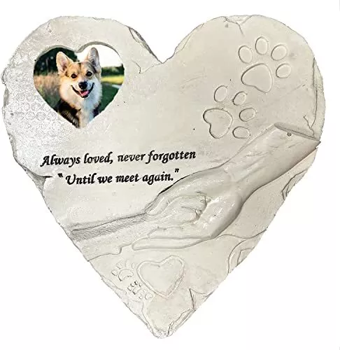 Heart Shaped Pet Memorial Stone with Photo Frame Sympathy Poem Pet Dog Headst...