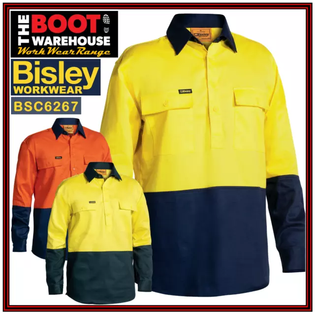 Bisley BSC6267 Men's Workwear Hi-Vis CLOSED FRONT Cotton Drill Shirt Long Sleeve