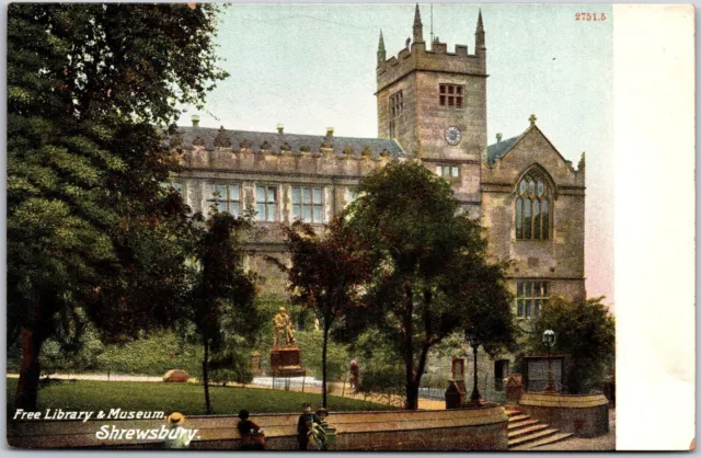 Free Library & Museum Shrewsbury England Monument Statue Postcard