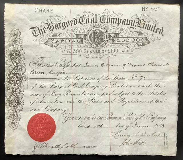 The Bargoed Coal Company Limited 1888 Share Certificate The Bargoed Coal Company Limited 1888 Share Certificate