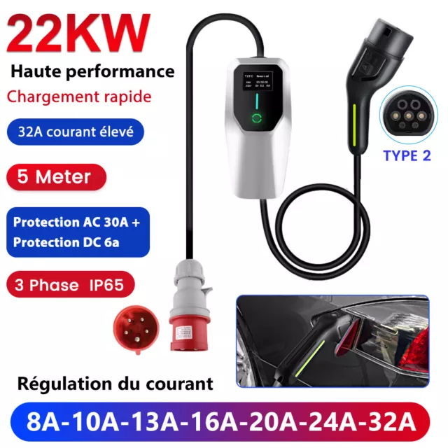 EV Type2 3 Tragbares Ladegerät Ladekabel Elektroauto Einstellbar 32A 22KW EU