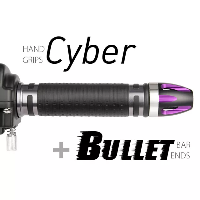 KiWAV Motorcycle Cyber Grips Dark Gray with Bullet Bar Ends Purple/Silver