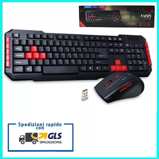 Set Tastiera + Mouse 6 Pulsanti Wireless Senza Fili Da Gaming Gioco Con Usb Pc