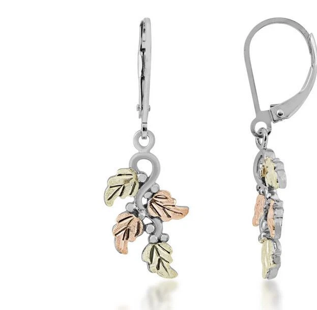 12k black hills gold on sterling silver dangle leaf leverback earrings