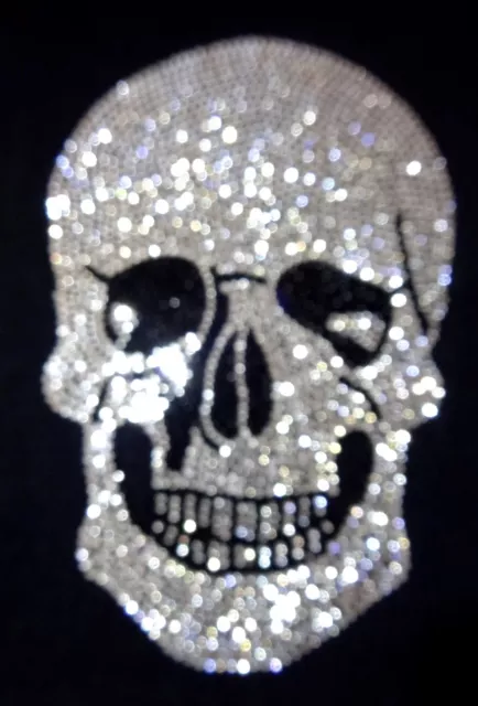 XL STRASSSTEINE TOTENKOPF SKULL SCHÄDEL BÜGELBILD HOTFIX APPLIKATION SILBER weiß