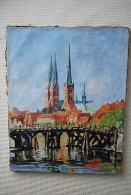  Ölgemälde Gemälde Ölbild Vedute Lübeck Trave Leinwand Hans Werner Matern 