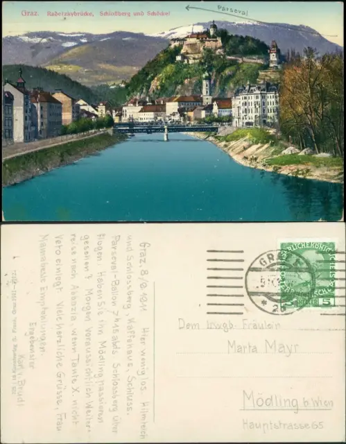 Ansichtskarte Graz Radetzkybrücke, Schloßberg 1913