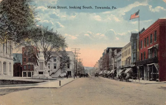 Towanda PA Pennsylvania Main Street Buggy Downtown 1910s Statue Vtg Postcard P8